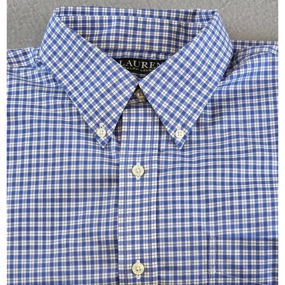 Lauren Ralph Lauren Mens 17 34/35 Classic Fit Non Iron Blue Gingham Dress Shirt